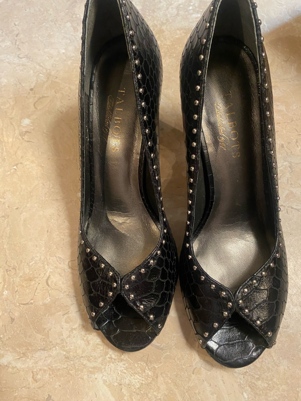 Talbots Black Croc-Embossed Studded Peep-Toe Flats